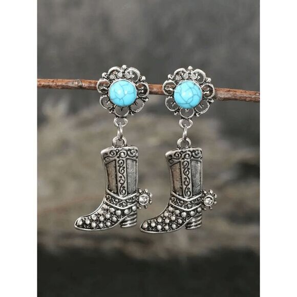 Western Turquoise Diamond Cowboy Boot Dangle Earrings - Picture 1 of 5